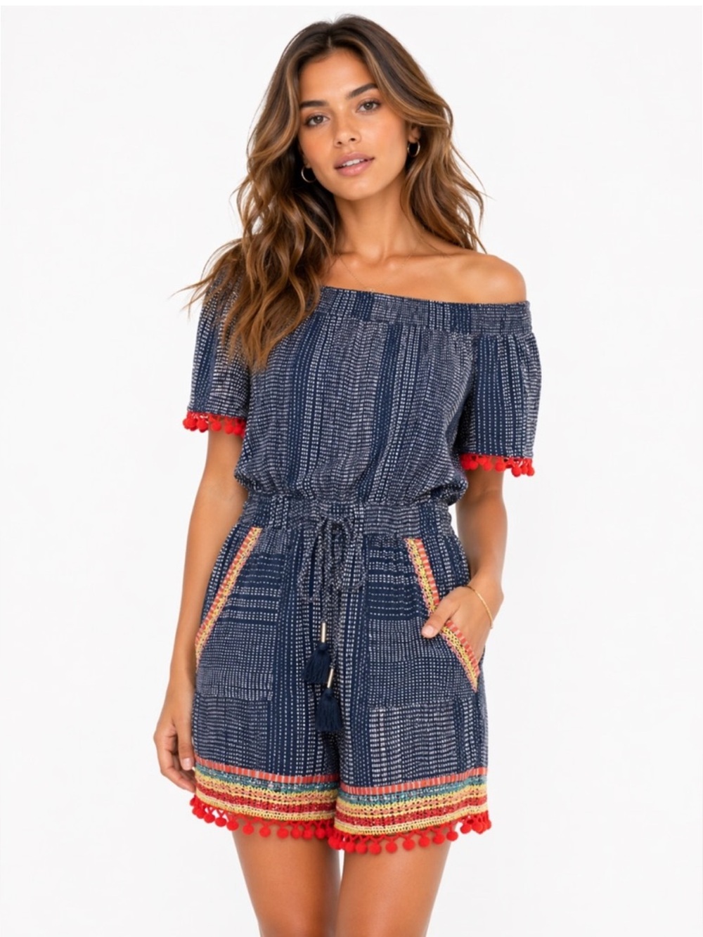 THML Navy Off-Shoulder Romper with Red Pom Trim